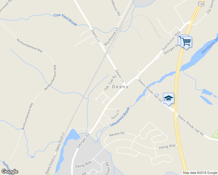map of restaurants, bars, coffee shops, grocery stores, and more near 13 Oak Tree Road in South Brunswick Township