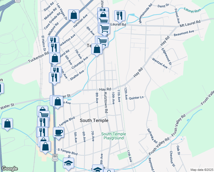 map of restaurants, bars, coffee shops, grocery stores, and more near 4511 Kutztown Road in Temple