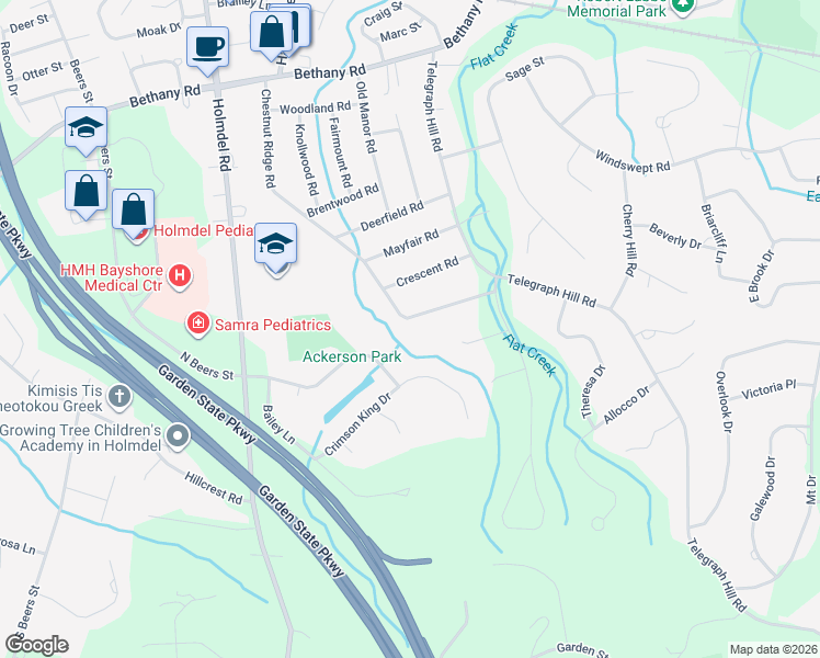 map of restaurants, bars, coffee shops, grocery stores, and more near 61 Chestnut Ridge Road in Holmdel