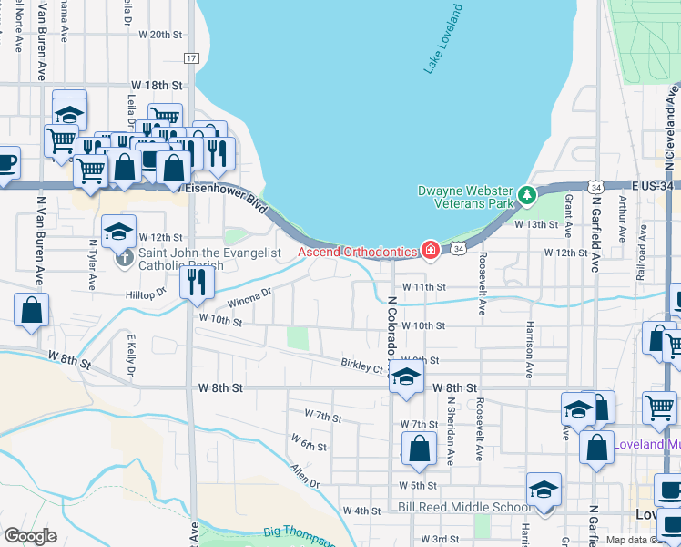 map of restaurants, bars, coffee shops, grocery stores, and more near 985 Winona Circle in Loveland