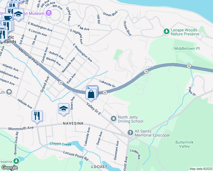 map of restaurants, bars, coffee shops, grocery stores, and more near 1025-1027 New Jersey 36 in Atlantic Highlands