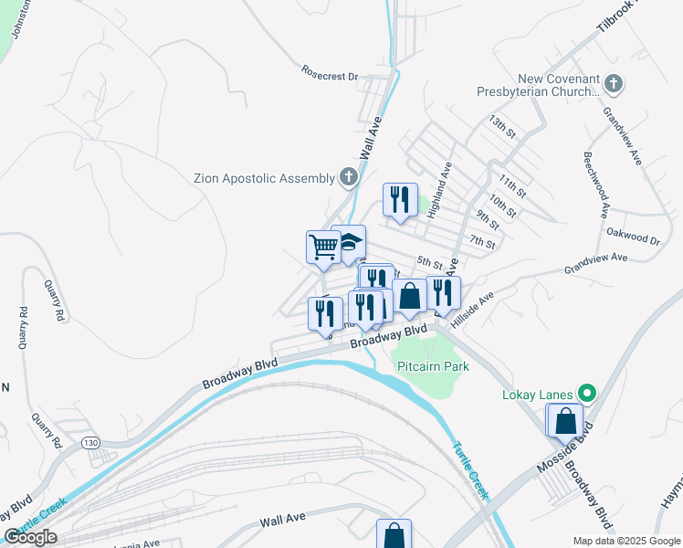 map of restaurants, bars, coffee shops, grocery stores, and more near 448 Eleanor Street in Pitcairn
