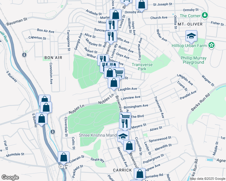 map of restaurants, bars, coffee shops, grocery stores, and more near 1150 Brownsville Road in Pittsburgh