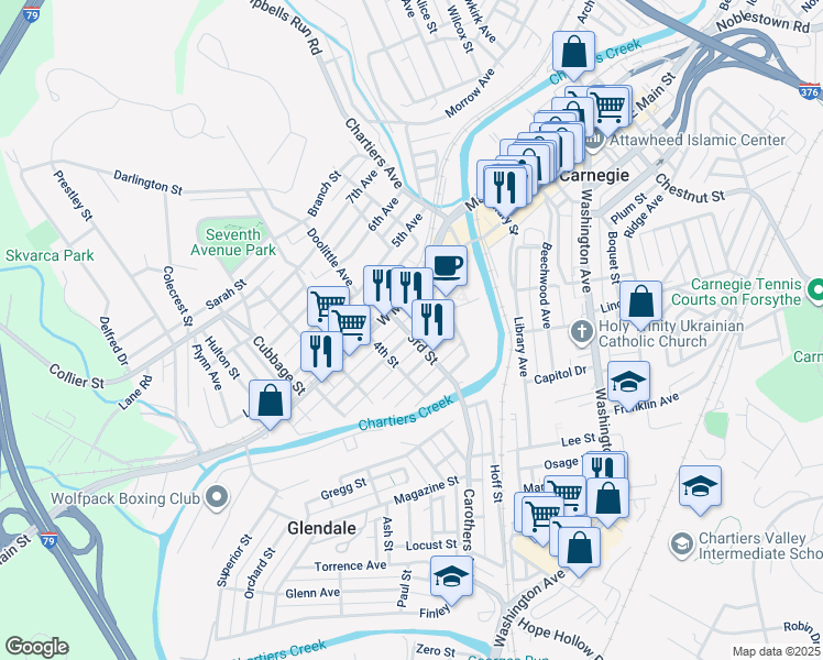 map of restaurants, bars, coffee shops, grocery stores, and more near 50 Jefferson Street in Carnegie