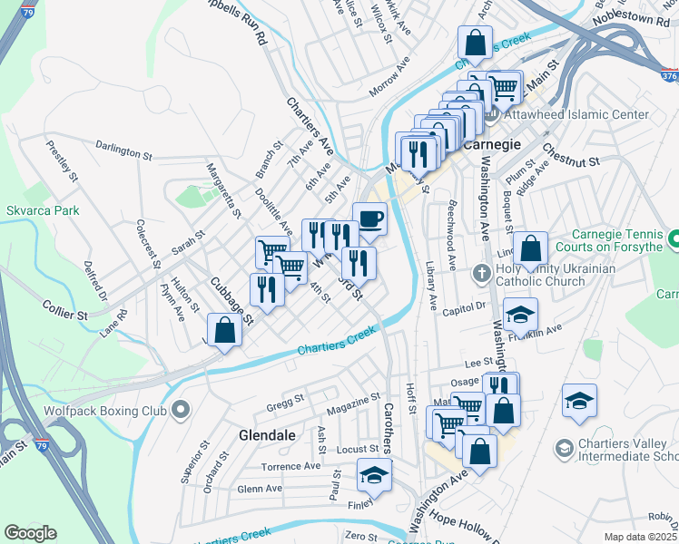 map of restaurants, bars, coffee shops, grocery stores, and more near 50 Jefferson Street in Carnegie