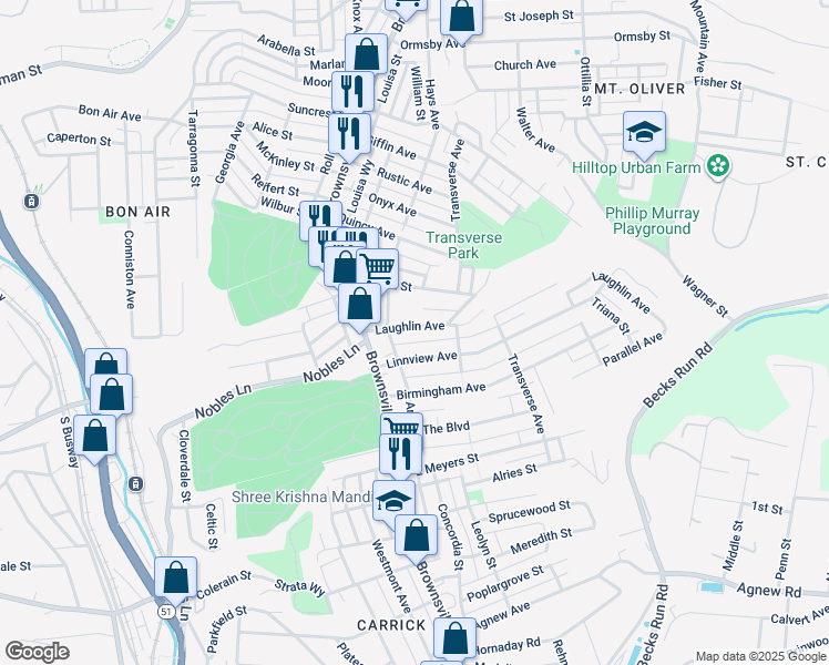 map of restaurants, bars, coffee shops, grocery stores, and more near 118 Laughlin Avenue in Pittsburgh