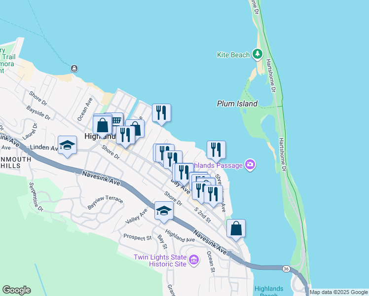 map of restaurants, bars, coffee shops, grocery stores, and more near 42 5th Street in Highlands