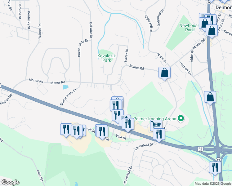 map of restaurants, bars, coffee shops, grocery stores, and more near 1008 Manor Vue Court in Delmont