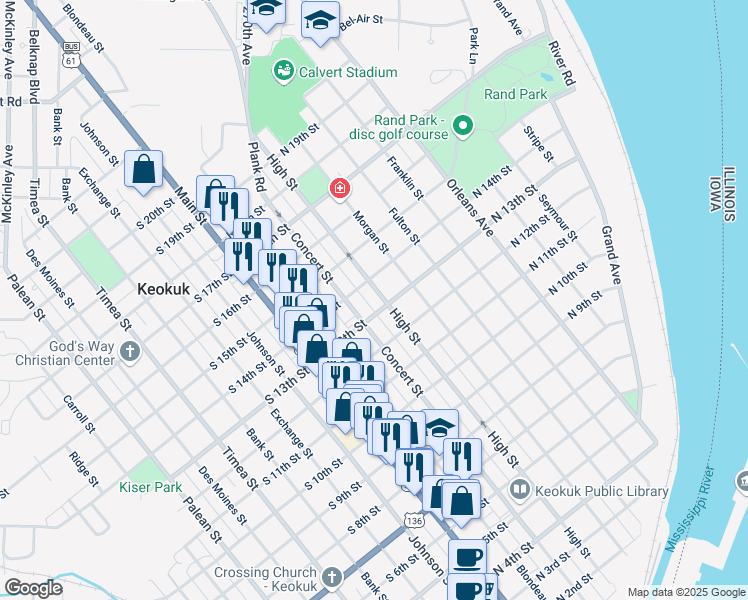 map of restaurants, bars, coffee shops, grocery stores, and more near 1312 High Street in Keokuk