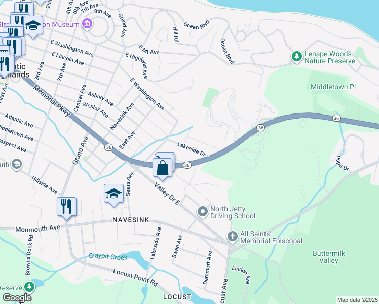 map of restaurants, bars, coffee shops, grocery stores, and more near 1025-1027 New Jersey 36 in Atlantic Highlands
