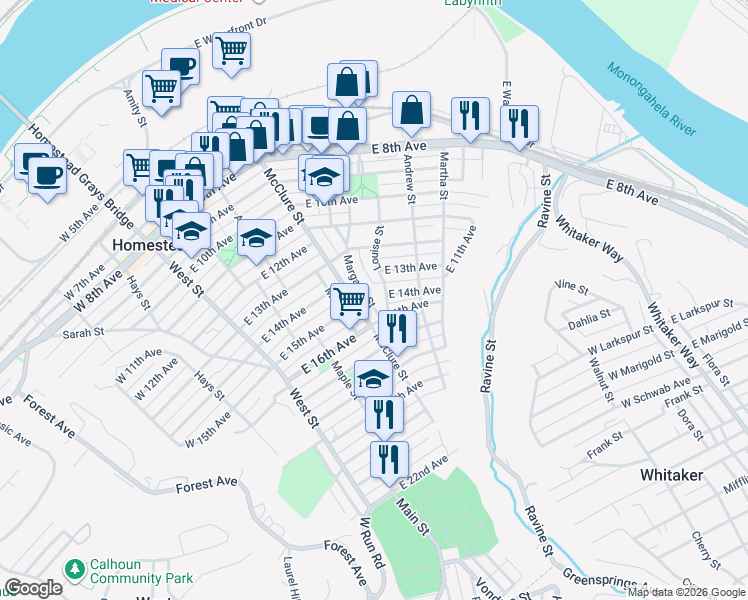 map of restaurants, bars, coffee shops, grocery stores, and more near 1402 Louise Street in Munhall