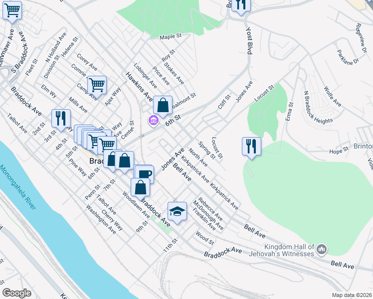 map of restaurants, bars, coffee shops, grocery stores, and more near 802 North Avenue in Braddock