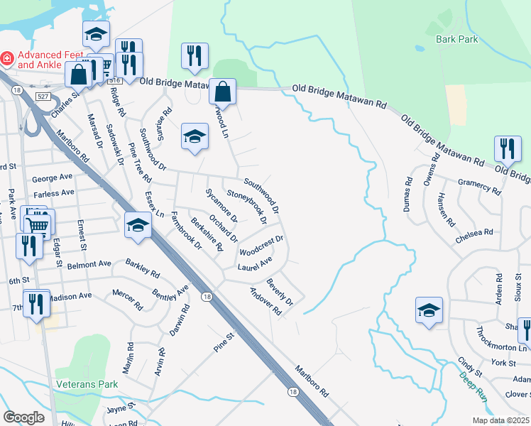 map of restaurants, bars, coffee shops, grocery stores, and more near 32 Stoneybrook Drive in Old Bridge