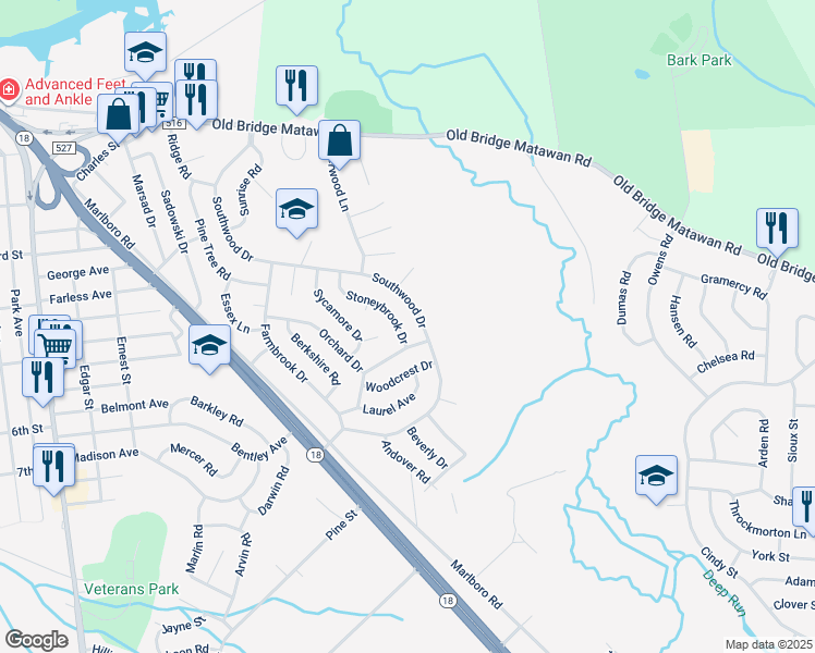 map of restaurants, bars, coffee shops, grocery stores, and more near 32 Stoneybrook Drive in Old Bridge