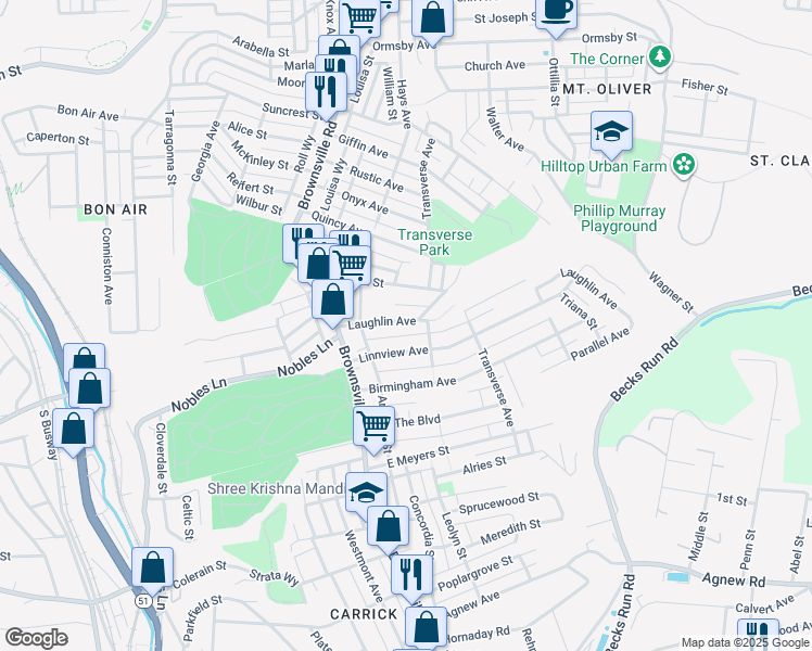 map of restaurants, bars, coffee shops, grocery stores, and more near 136 Laughlin Avenue in Pittsburgh