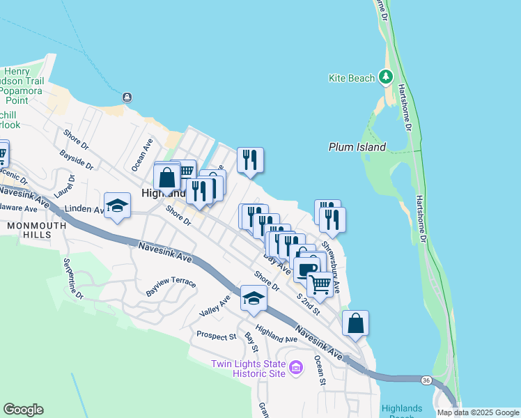 map of restaurants, bars, coffee shops, grocery stores, and more near 68 5th Street in Highlands