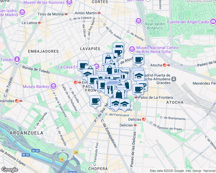 map of restaurants, bars, coffee shops, grocery stores, and more near 13 Calle de Fray Luis de León in Madrid