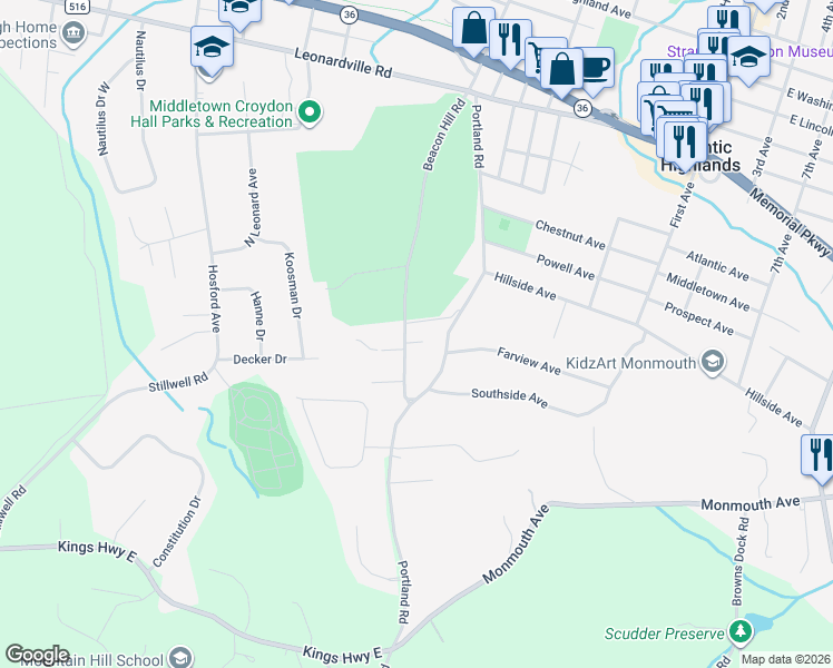 map of restaurants, bars, coffee shops, grocery stores, and more near 111 Portland Road in Atlantic Highlands