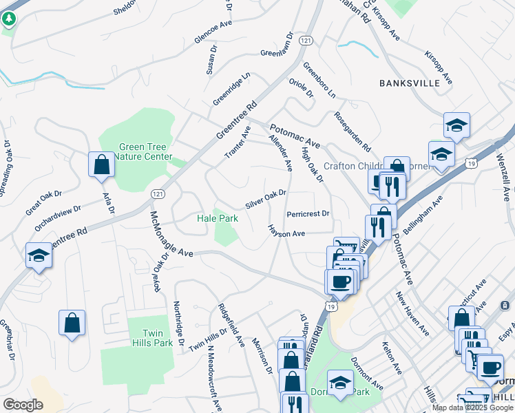 map of restaurants, bars, coffee shops, grocery stores, and more near 2519 Silver Oak Drive in Pittsburgh