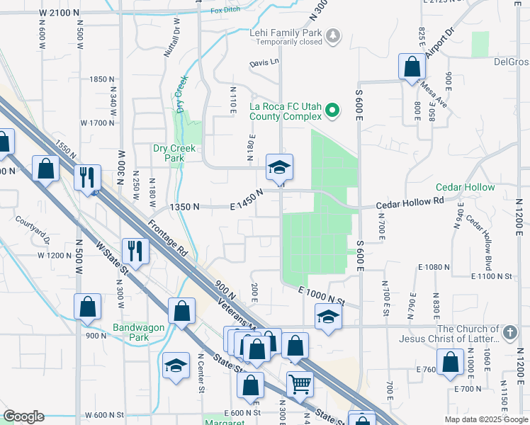 map of restaurants, bars, coffee shops, grocery stores, and more near 225 East 1350 North Street in Lehi
