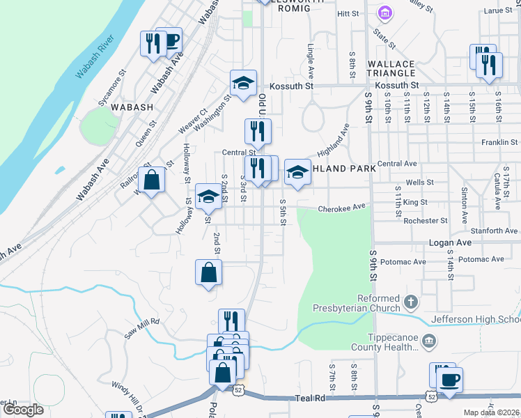 map of restaurants, bars, coffee shops, grocery stores, and more near 1302 South 4th Street in Lafayette