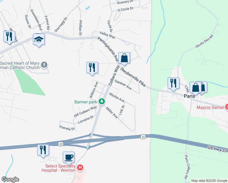 map of restaurants, bars, coffee shops, grocery stores, and more near 205 Ritchie Avenue in Weirton