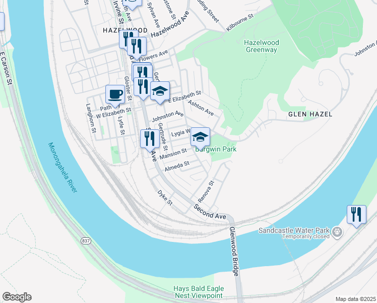 map of restaurants, bars, coffee shops, grocery stores, and more near 250 Mansion Street in Pittsburgh