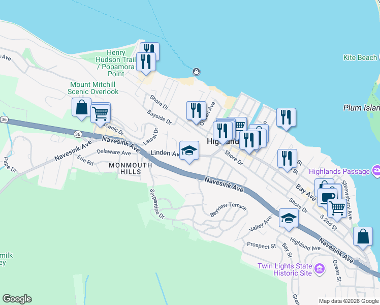 map of restaurants, bars, coffee shops, grocery stores, and more near 160 South Linden Avenue in Highlands