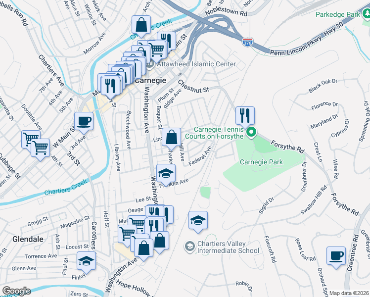 map of restaurants, bars, coffee shops, grocery stores, and more near 7 Hill Avenue in Carnegie