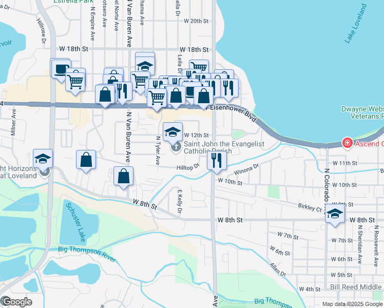 map of restaurants, bars, coffee shops, grocery stores, and more near 1101 Hilltop Drive in Loveland
