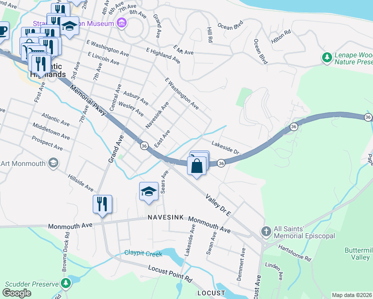 map of restaurants, bars, coffee shops, grocery stores, and more near 116 Sears Avenue in Atlantic Highlands