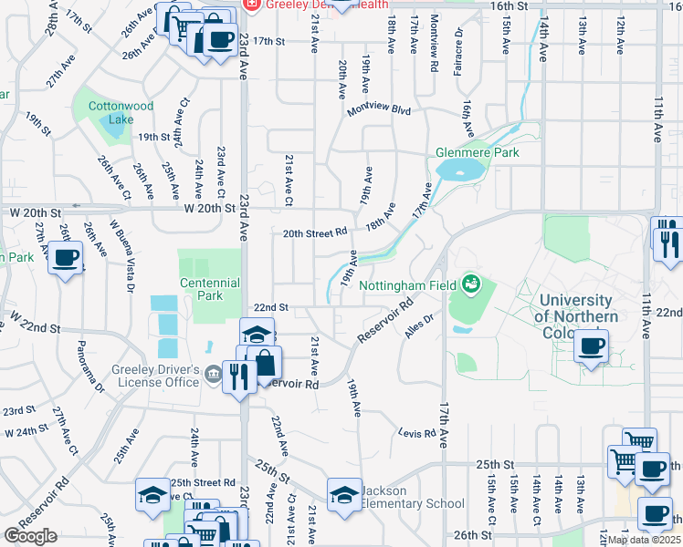 map of restaurants, bars, coffee shops, grocery stores, and more near 2124 21st Avenue in Greeley
