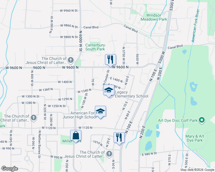 map of restaurants, bars, coffee shops, grocery stores, and more near 7 East 1340 North in American Fork