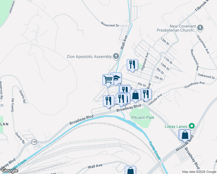 map of restaurants, bars, coffee shops, grocery stores, and more near 417 Wall Avenue in Pitcairn