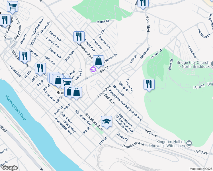 map of restaurants, bars, coffee shops, grocery stores, and more near 709 Parkview in Braddock