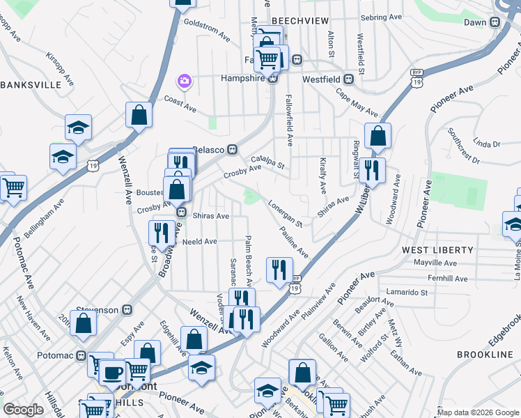 map of restaurants, bars, coffee shops, grocery stores, and more near 2192 Pauline Avenue in Pittsburgh
