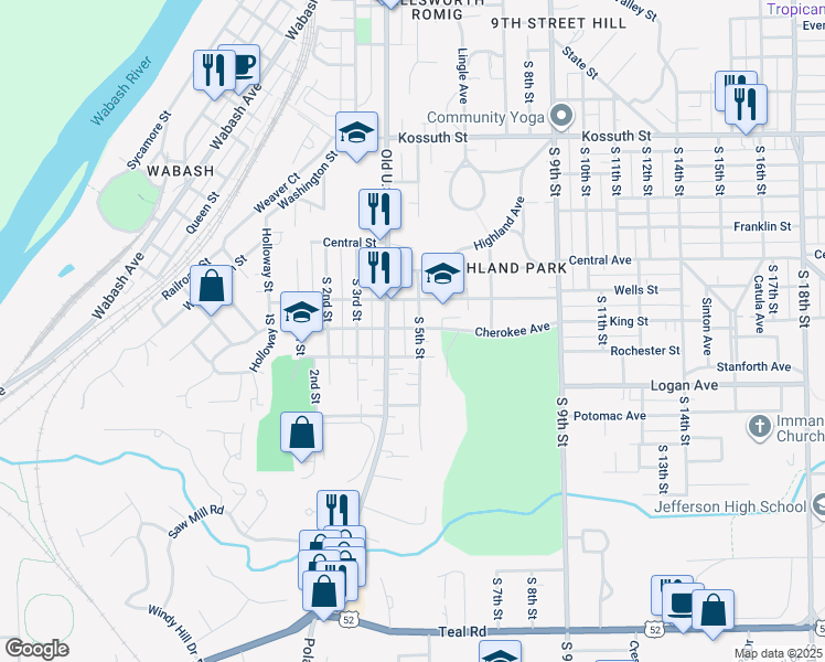 map of restaurants, bars, coffee shops, grocery stores, and more near 1310 South 5th Street in Lafayette