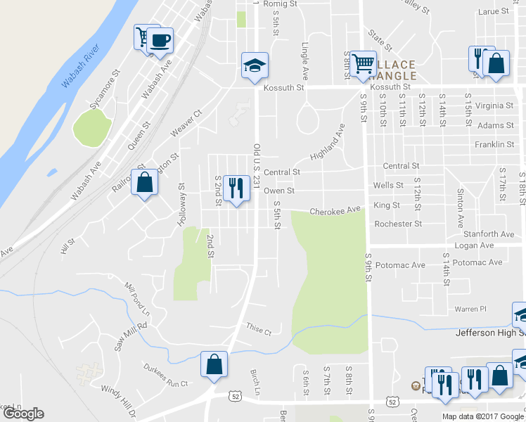map of restaurants, bars, coffee shops, grocery stores, and more near 1310 South 5th Street in Lafayette