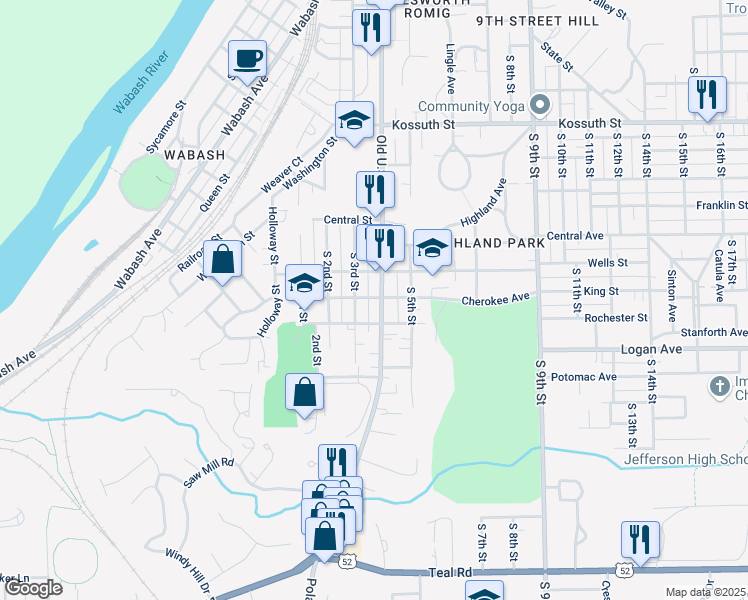 map of restaurants, bars, coffee shops, grocery stores, and more near 1304 South 4th Street in Lafayette