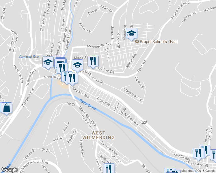map of restaurants, bars, coffee shops, grocery stores, and more near 1218 Chestnut Street in Turtle Creek