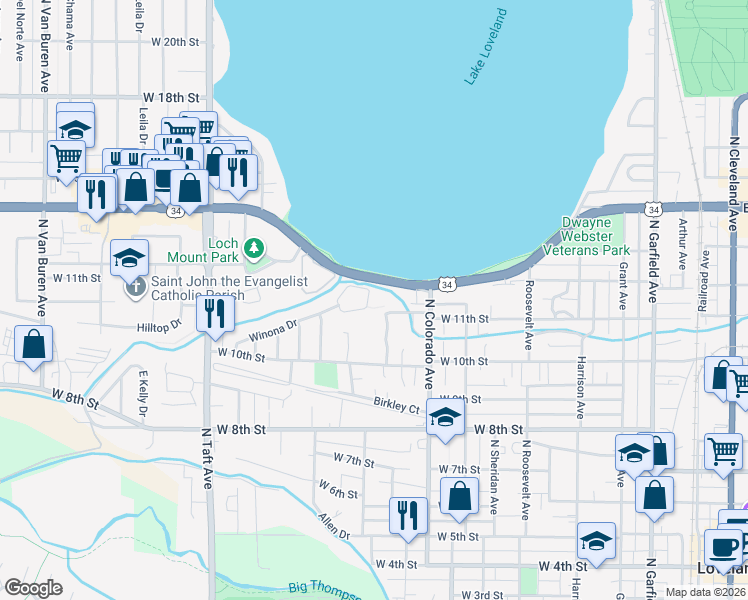 map of restaurants, bars, coffee shops, grocery stores, and more near 991 Winona Circle in Loveland