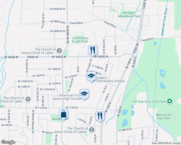 map of restaurants, bars, coffee shops, grocery stores, and more near 7 East 1340 North in American Fork