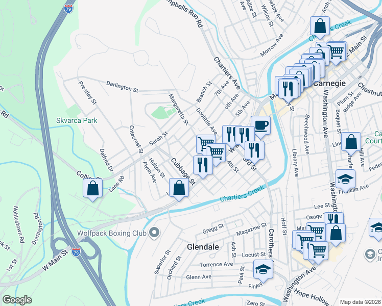 map of restaurants, bars, coffee shops, grocery stores, and more near 528 Church Street in Carnegie