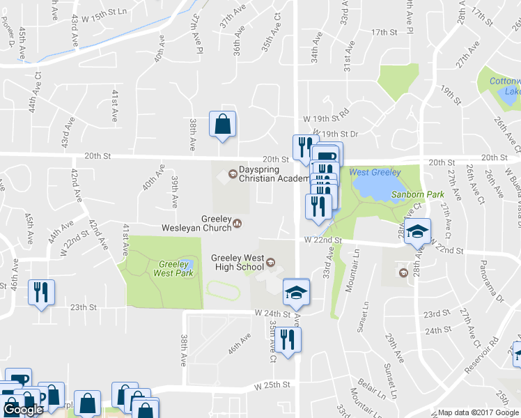 map of restaurants, bars, coffee shops, grocery stores, and more near 3590 West 21st Street Road in Greeley