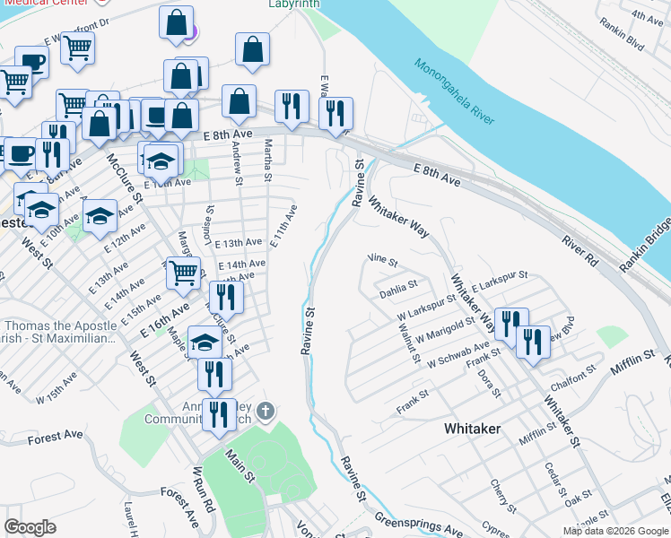 map of restaurants, bars, coffee shops, grocery stores, and more near 1025 Ravine Street in Homestead