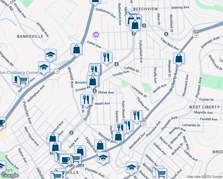 map of restaurants, bars, coffee shops, grocery stores, and more near 2131 Vodeli Street in Pittsburgh