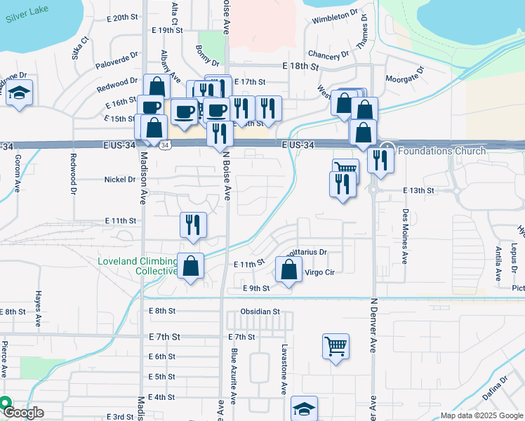 map of restaurants, bars, coffee shops, grocery stores, and more near 1798 Pearl Dr in Loveland