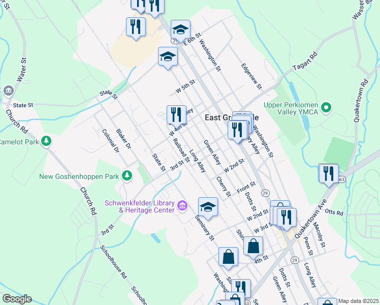 map of restaurants, bars, coffee shops, grocery stores, and more near 327 3rd Street in East Greenville