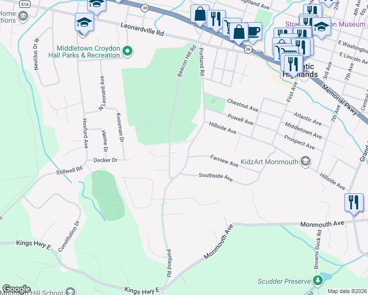 map of restaurants, bars, coffee shops, grocery stores, and more near 111 Portland Road in Atlantic Highlands