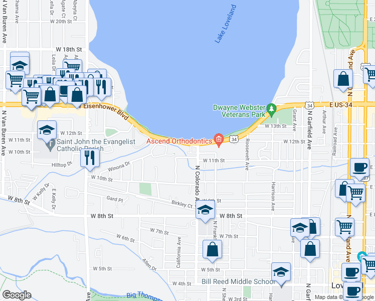 map of restaurants, bars, coffee shops, grocery stores, and more near 832 West Eisenhower Boulevard in Loveland